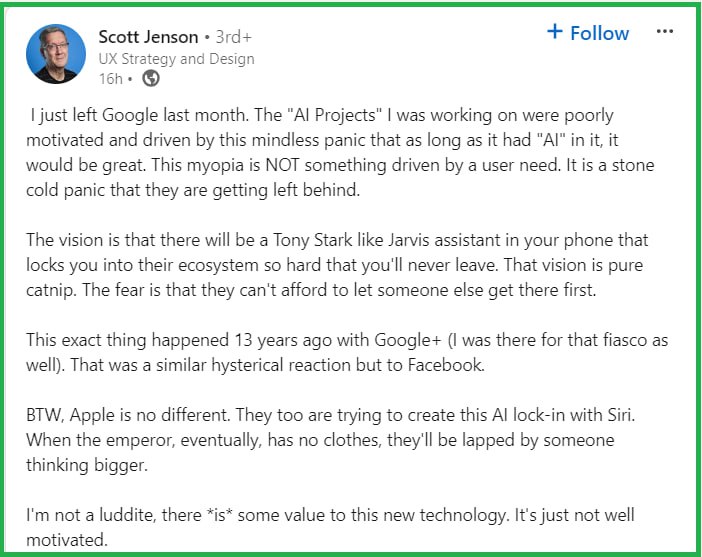 Scott Jenson пішов з Google місяць тому і вважає, що проєкти AI погано мотивовані. Вони з'явились…