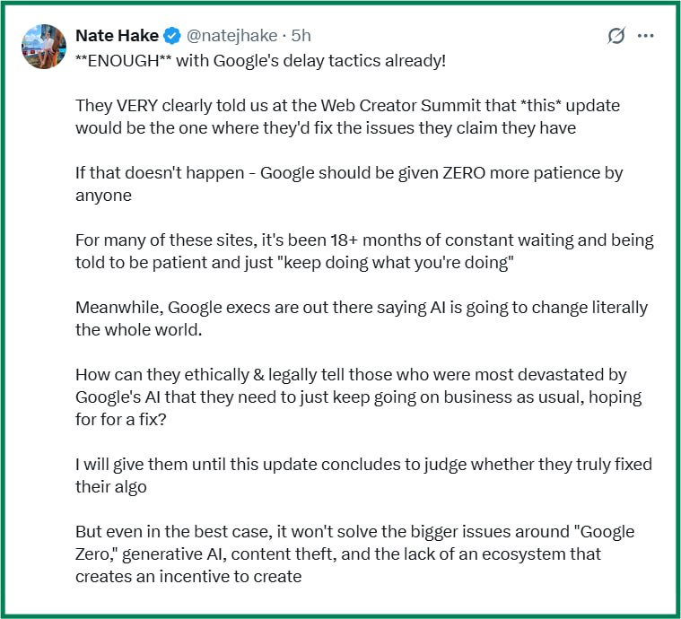 Nate Hake нагадує, що в цей апдейт Google обіцяв виправити ситуацію після HCU, коли постраждали…