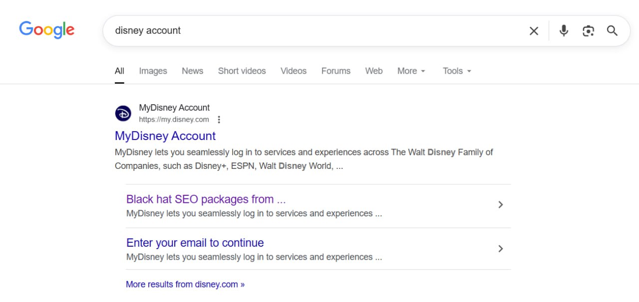 Хтось наставив посилань на Disney з анкором про blackhat seo послуги. Досить давній спам, вплив…
