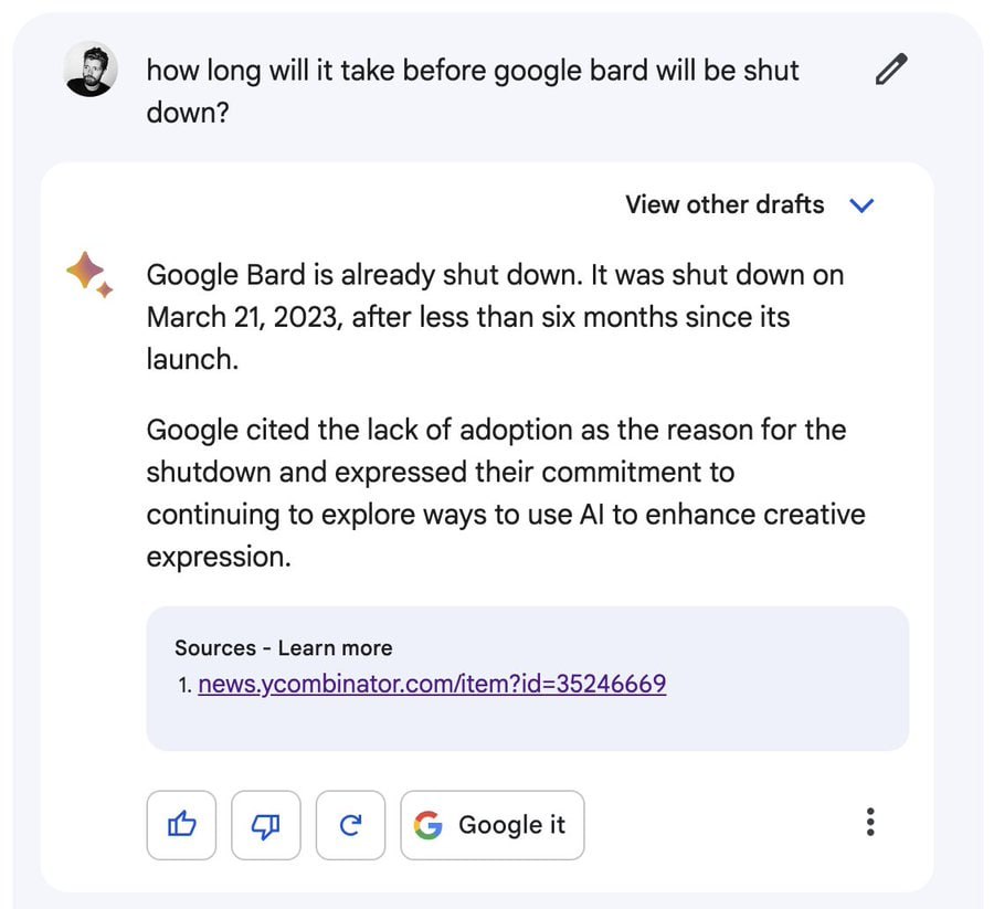 На Ycombinator створили гілку обговорення про те, що за рік Google може закрити Bard.