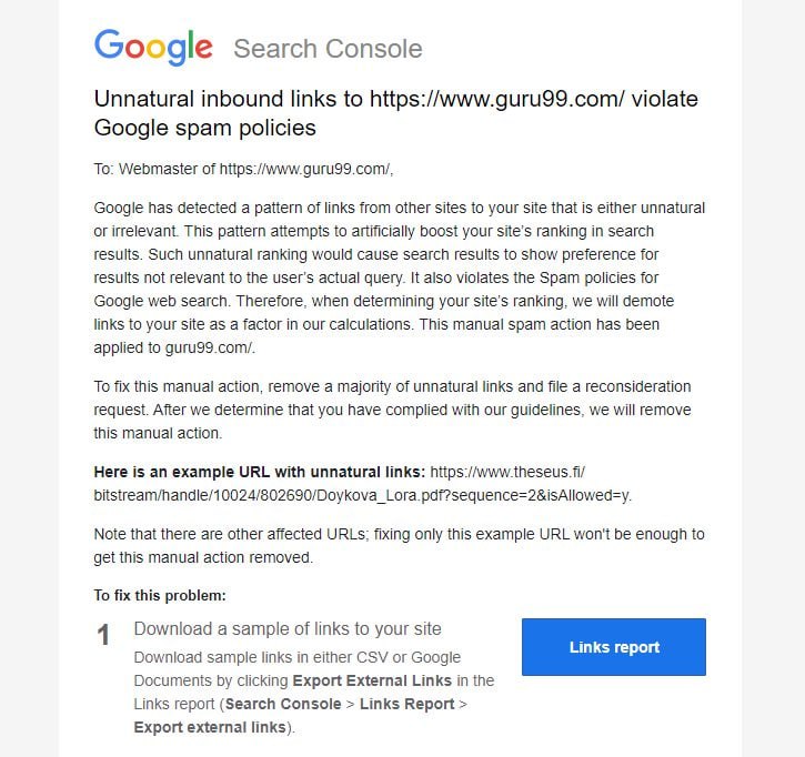 Сайт guru99.com отримав ручні санкції за спам, в його випадку Google вважає, що посилання на сайт…