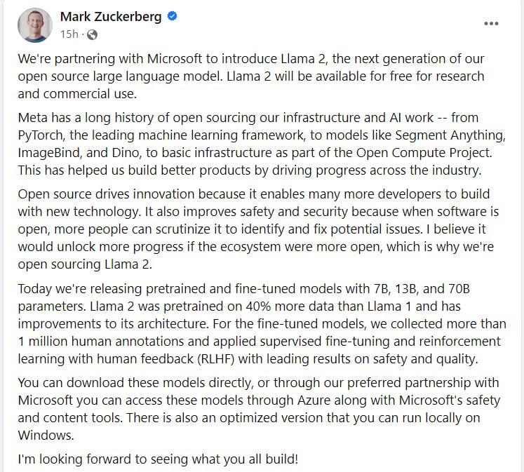 🦙 Meta разом з Microsoft випустили Llama 2. Запросити дозвіл на завантаження можна тут. І це Open…