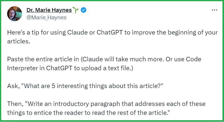 Як покращити початок своїх статей за допомогою Claude або ChatGPT. Рекомендує Marie Haynes.