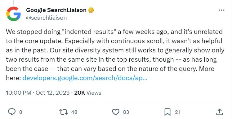 Danny Sullivan повідомив, що декілька тижнів тому Google припинив показувати результати з відступом…