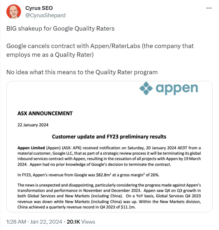 У суботу 20го січня Appen — найбільший провайдер Google з послуг асесорів — оціновувачів пошукових…